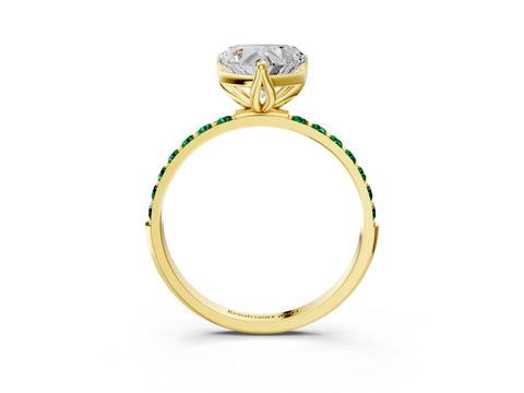 Yellow gold Heart Cut Diamond Solitaire Engagement Ring with Round with Emerald side stone Pavé Band and Prong Setting_3