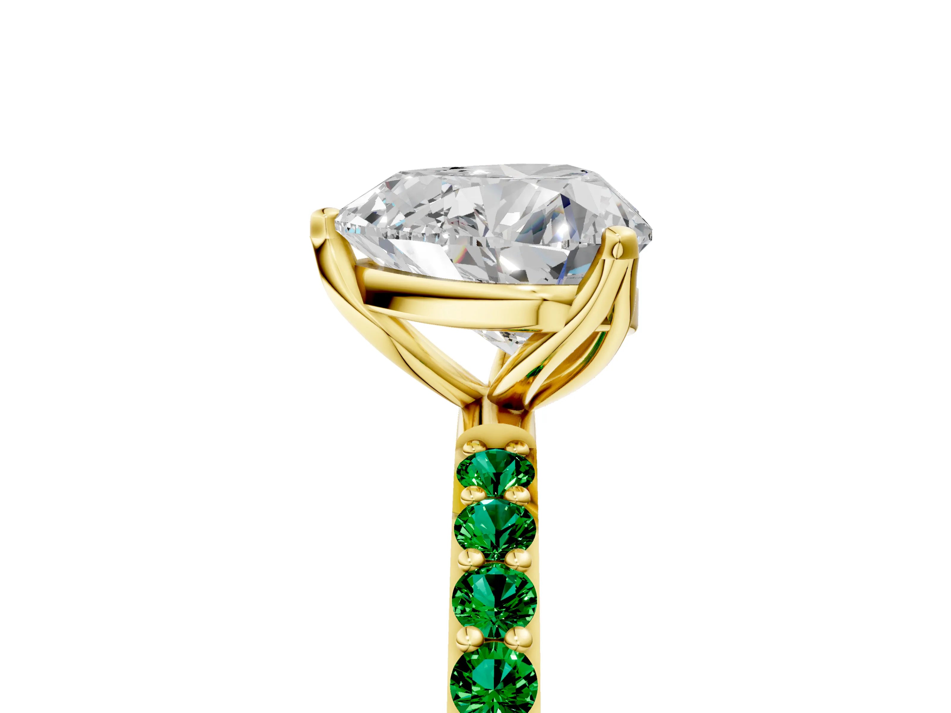 Yellow gold Heart Cut Diamond Solitaire Engagement Ring with Round with Emerald side stone Pavé Band and Prong Setting_5