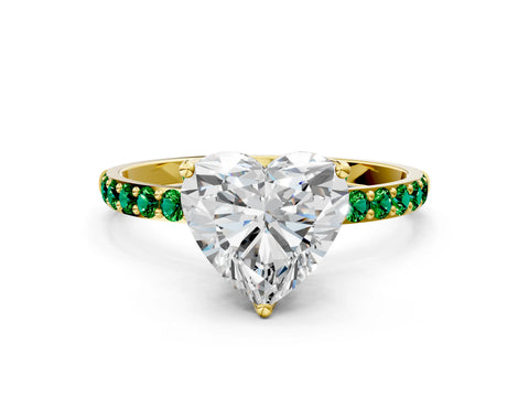 Yellow gold Heart Cut Diamond Solitaire Engagement Ring with Round with Emerald side stone Pavé Band and Prong Setting