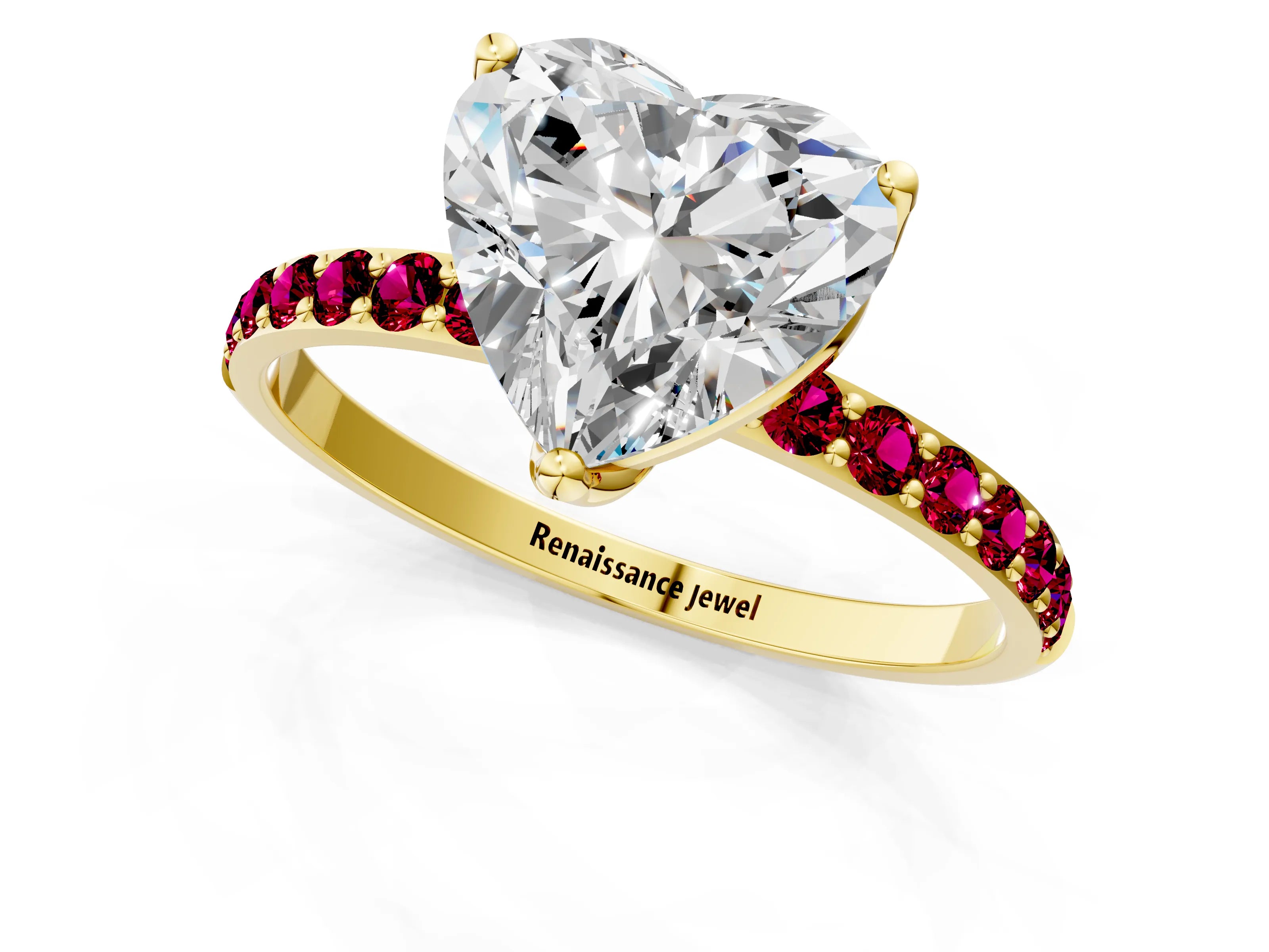 Yellow gold Heart Cut Diamond Solitaire Engagement Ring with Round with Garnet side stone Pavé Band and Prong Setting_1