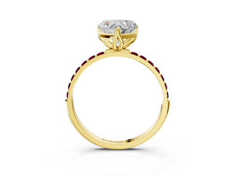 Yellow gold Heart Cut Diamond Solitaire Engagement Ring with Round with Garnet side stone Pavé Band and Prong Setting_3