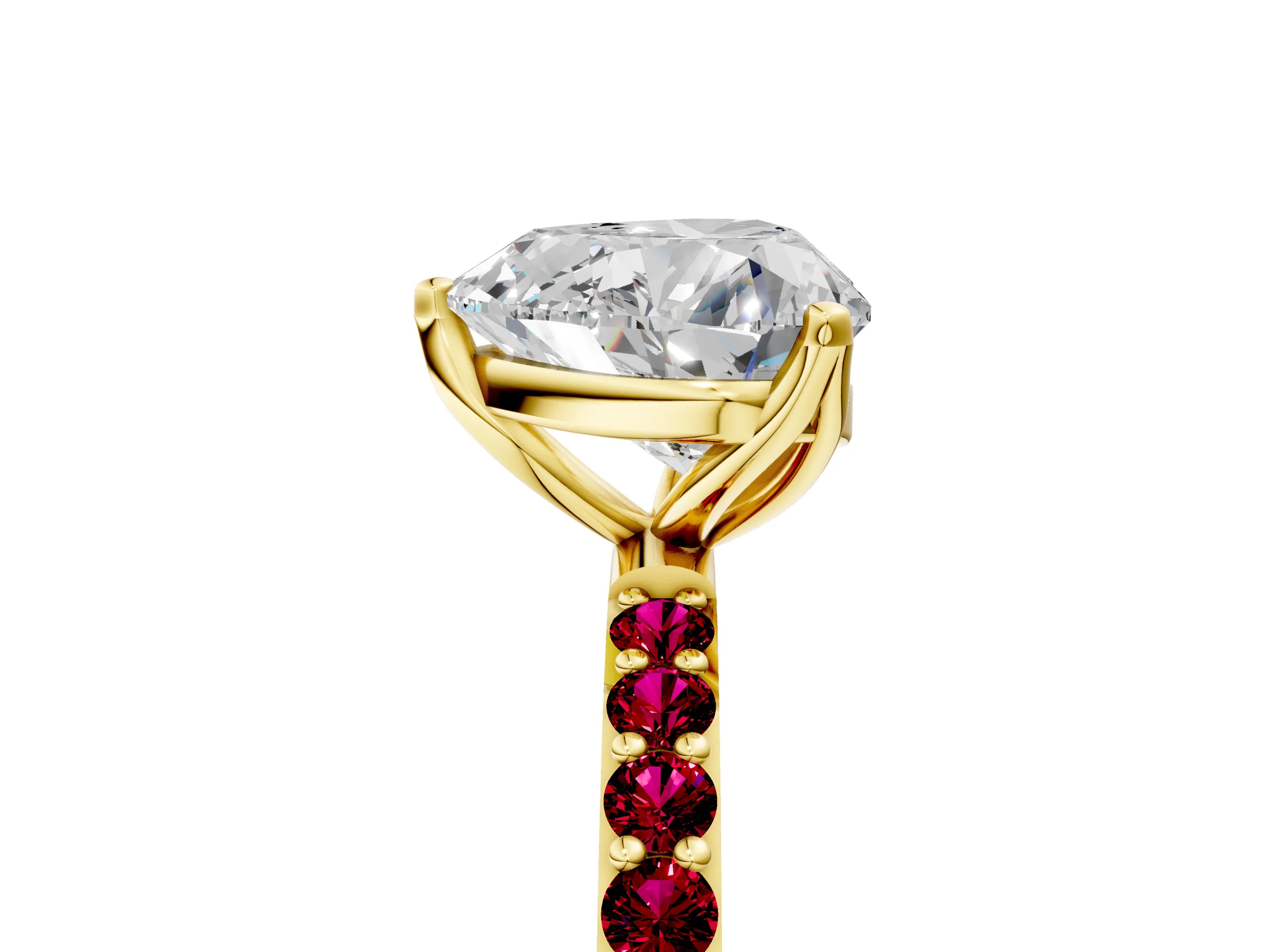 Yellow gold Heart Cut Diamond Solitaire Engagement Ring with Round with Garnet side stone Pavé Band and Prong Setting_5