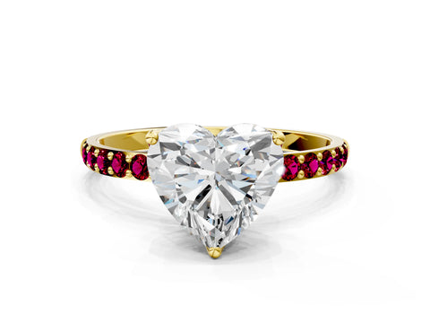 Yellow gold Heart Cut Diamond Solitaire Engagement Ring with Round with Garnet side stone Pavé Band and Prong Setting