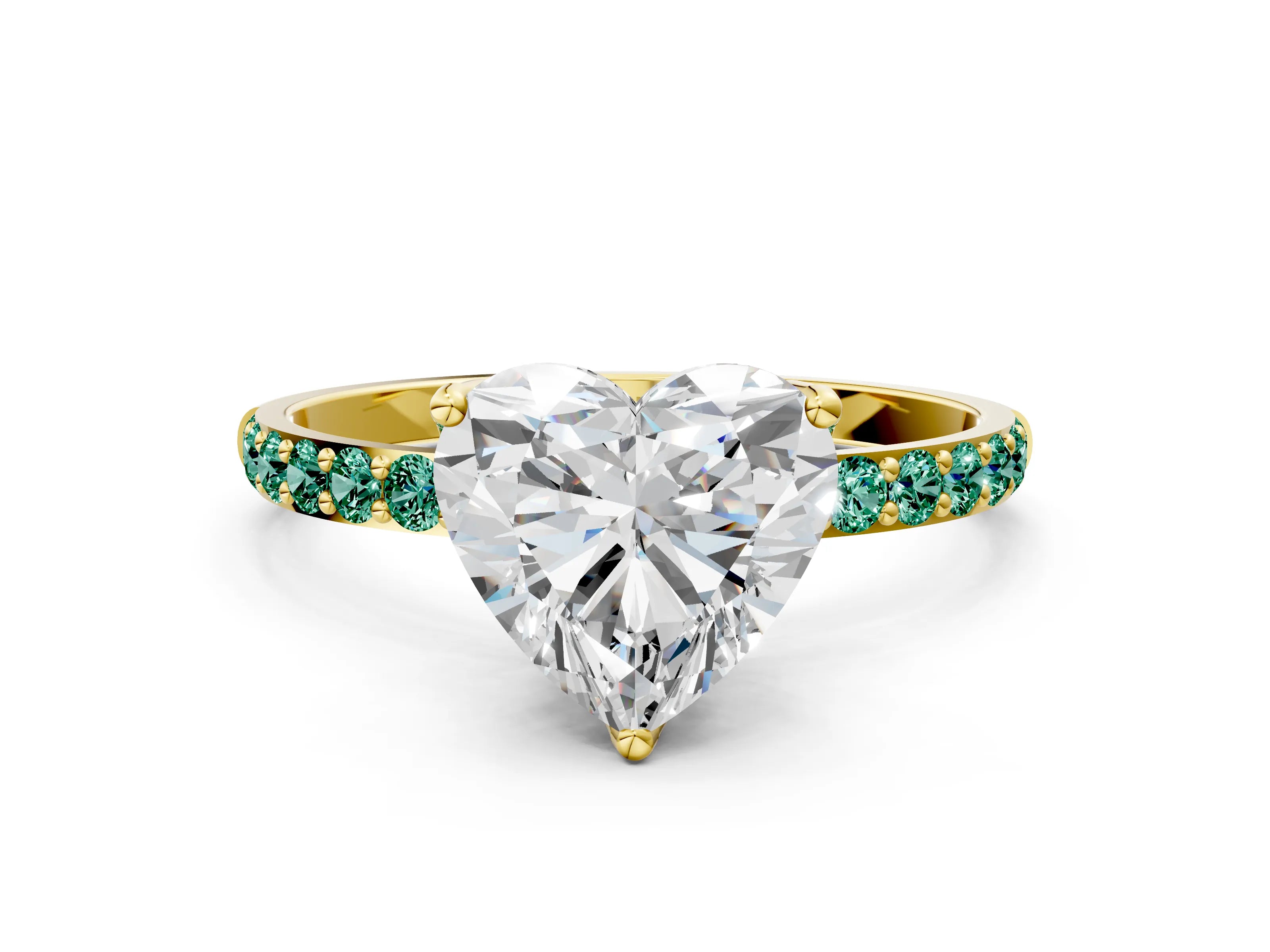 Yellow gold Heart Cut Diamond Solitaire Engagement Ring with Round with Green Sapphire side stone Pavé Band and Prong Setting