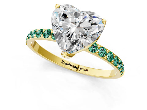 Yellow gold Heart Cut Diamond Solitaire Engagement Ring with Round with Green Sapphire side stone Pavé Band and Prong Setting_1