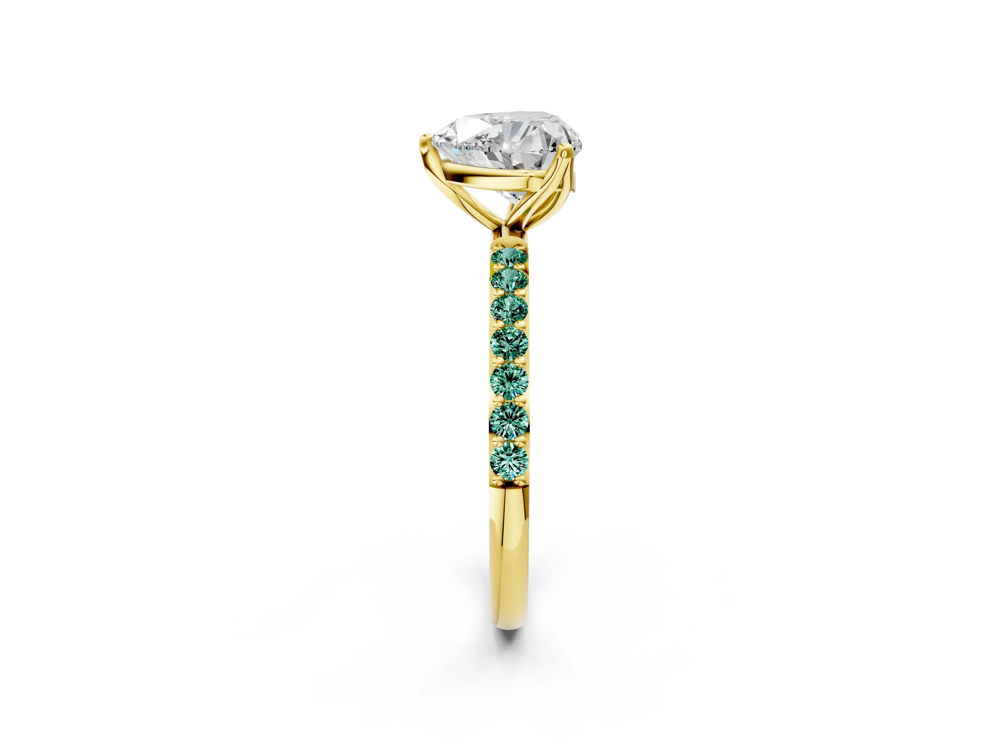 Yellow gold Heart Cut Diamond Solitaire Engagement Ring with Round with Green Sapphire side stone Pavé Band and Prong Setting_2