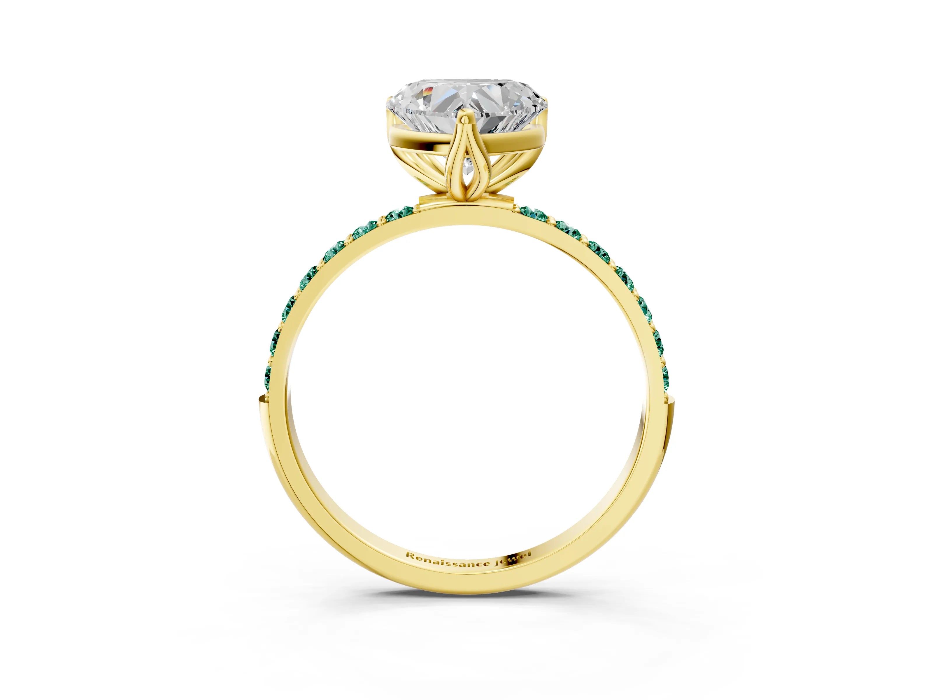 Yellow gold Heart Cut Diamond Solitaire Engagement Ring with Round with Green Sapphire side stone Pavé Band and Prong Setting_3