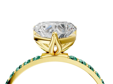Yellow gold Heart Cut Diamond Solitaire Engagement Ring with Round with Green Sapphire side stone Pavé Band and Prong Setting_4