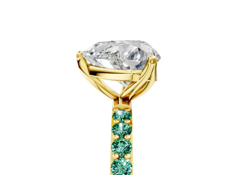 Yellow gold Heart Cut Diamond Solitaire Engagement Ring with Round with Green Sapphire side stone Pavé Band and Prong Setting_5