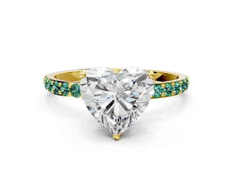 Yellow gold Heart Cut Diamond Solitaire Engagement Ring with Round with Green Sapphire side stone Pavé Band and Prong Setting
