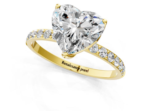 Yellow gold Heart Cut Diamond Solitaire Engagement Ring with Round with Moissanite side stone Pavé Band and Prong Setting_1