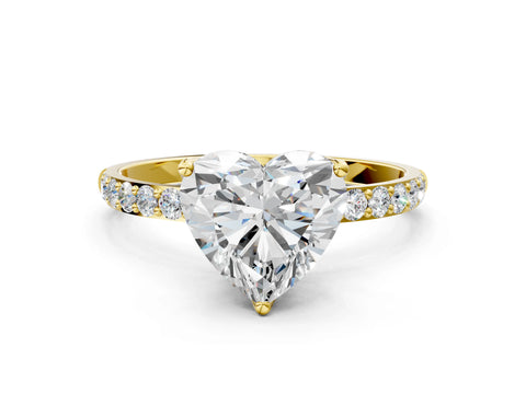 Yellow gold Heart Cut Diamond Solitaire Engagement Ring with Round with Moissanite side stone Pavé Band and Prong Setting