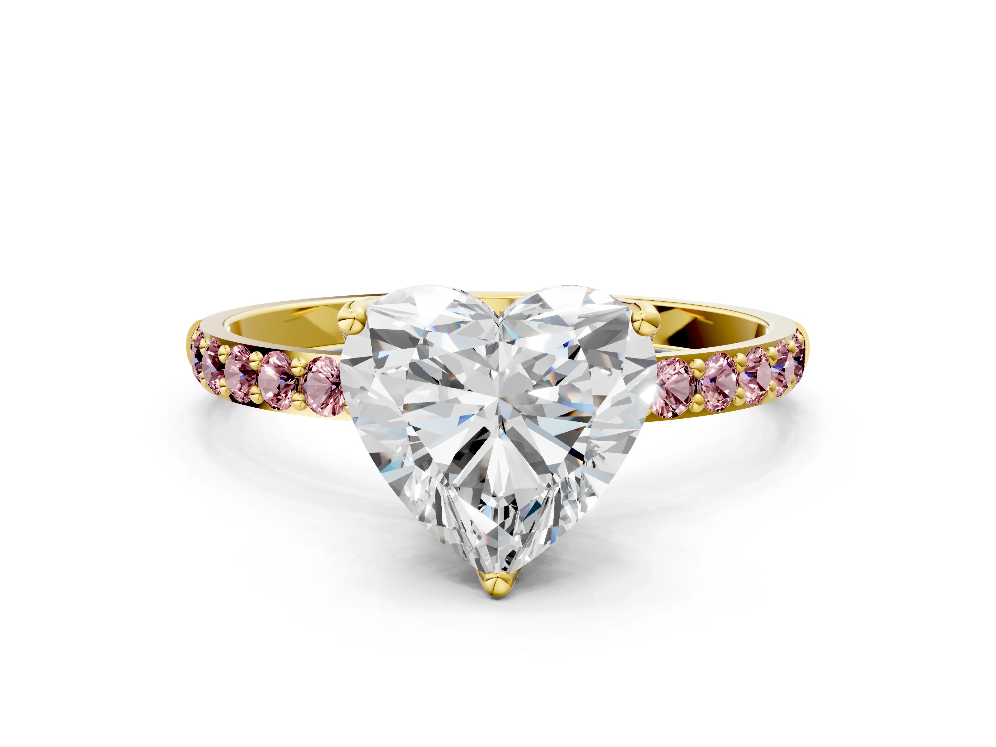 Yellow gold Heart Cut Diamond Solitaire Engagement Ring with Round with Morganite side stone Pavé Band and Prong Setting