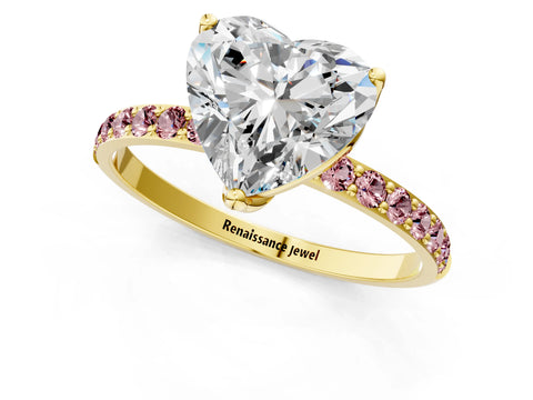 Yellow gold Heart Cut Diamond Solitaire Engagement Ring with Round with Morganite side stone Pavé Band and Prong Setting_1