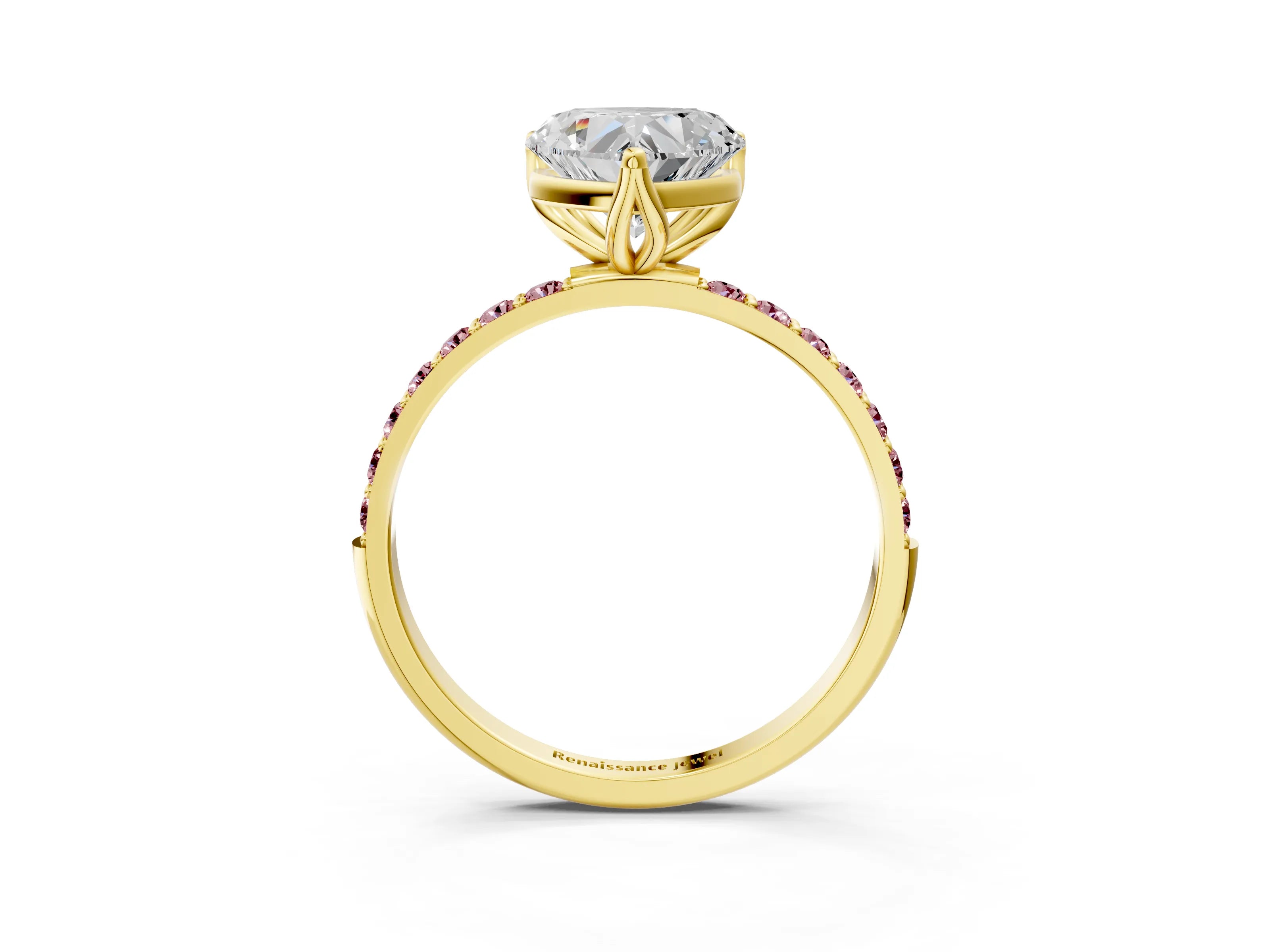 Yellow gold Heart Cut Diamond Solitaire Engagement Ring with Round with Morganite side stone Pavé Band and Prong Setting_3