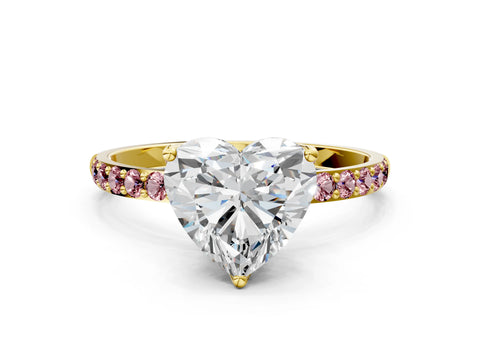 Yellow gold Heart Cut Diamond Solitaire Engagement Ring with Round with Morganite side stone Pavé Band and Prong Setting