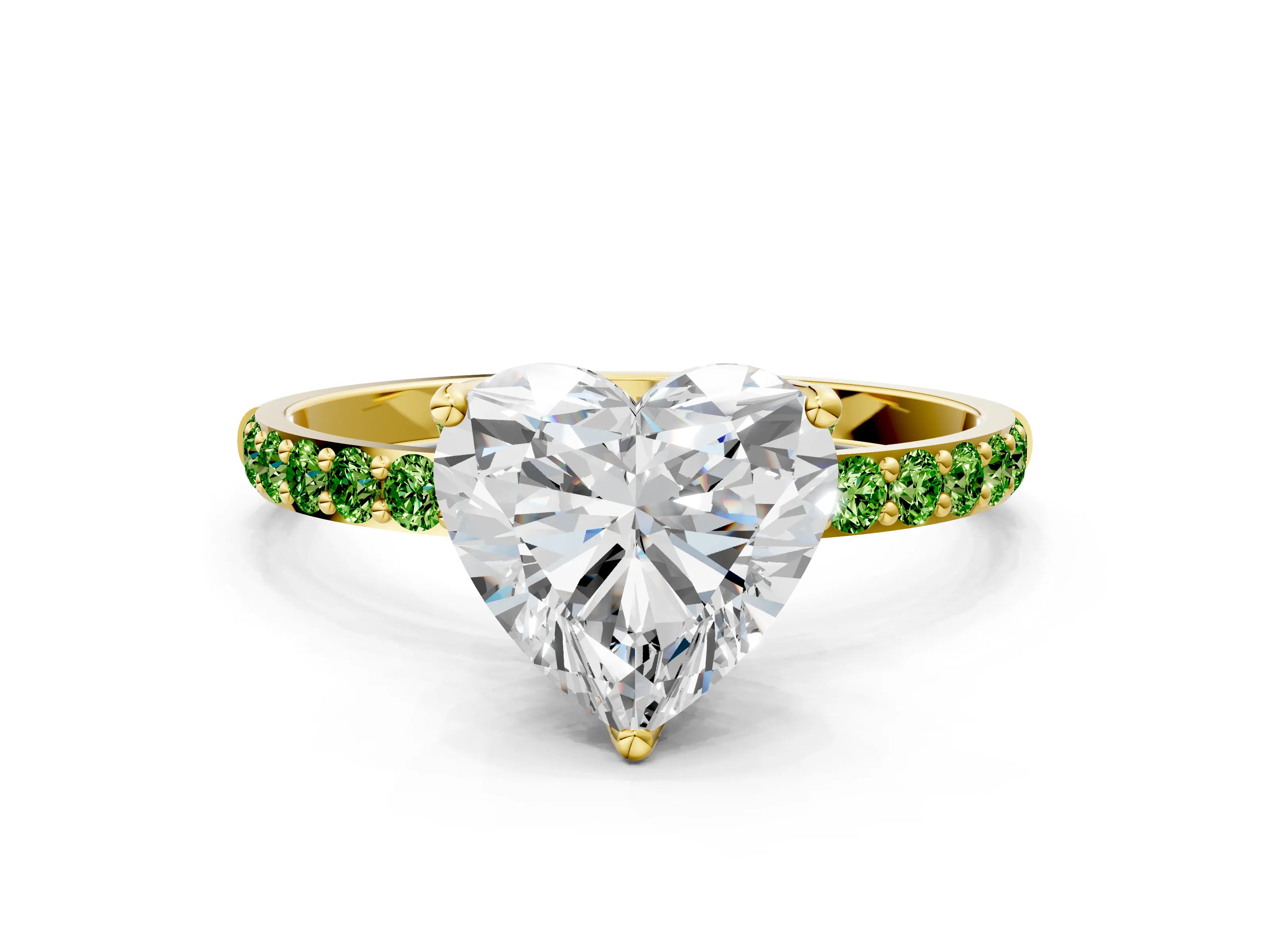 Yellow gold Heart Cut Diamond Solitaire Engagement Ring with Round with Peridot side stone Pavé Band and Prong Setting