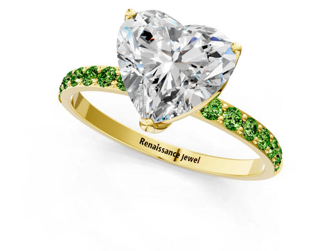 Yellow gold Heart Cut Diamond Solitaire Engagement Ring with Round with Peridot side stone Pavé Band and Prong Setting_1
