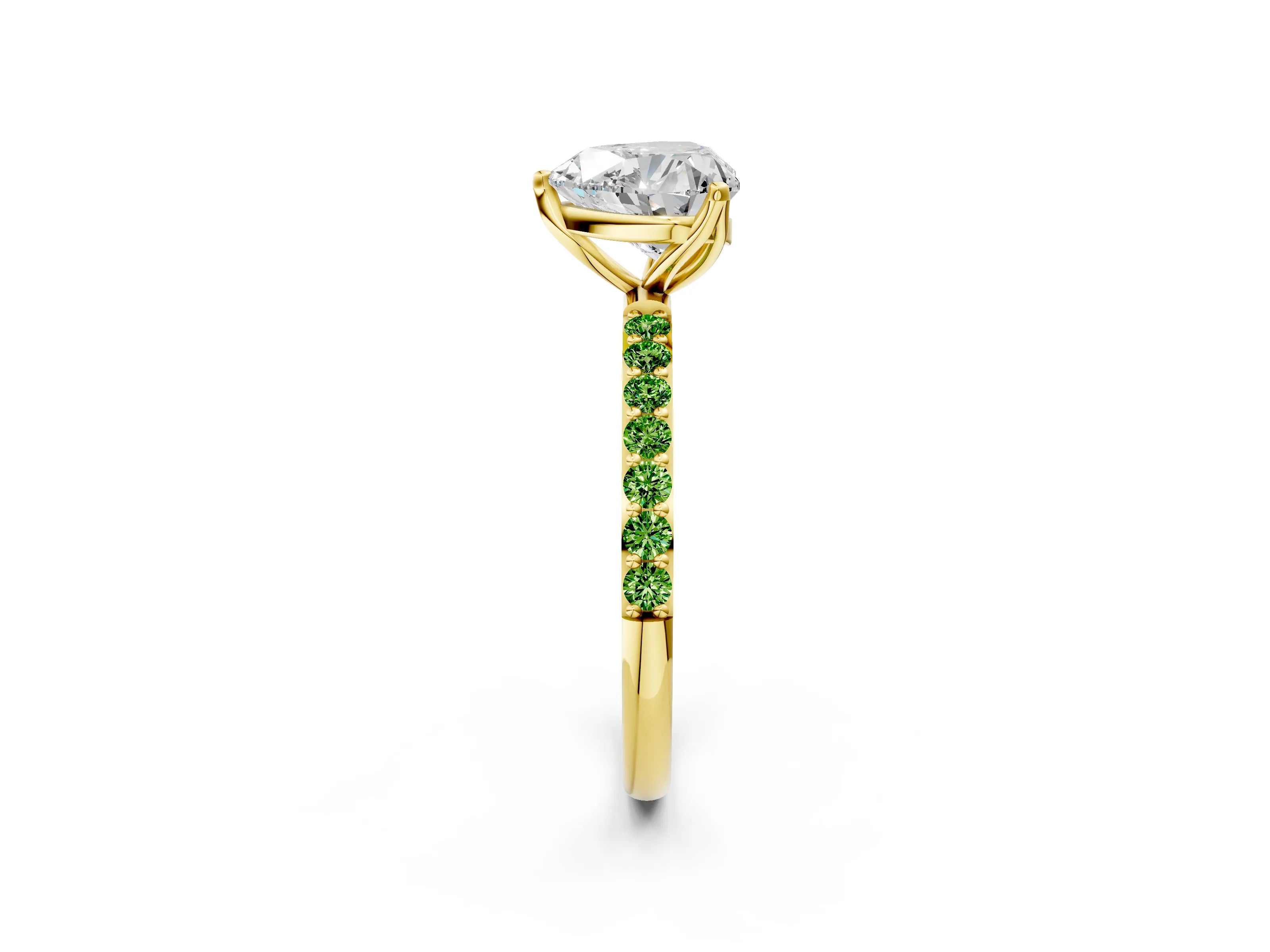 Yellow gold Heart Cut Diamond Solitaire Engagement Ring with Round with Peridot side stone Pavé Band and Prong Setting_2