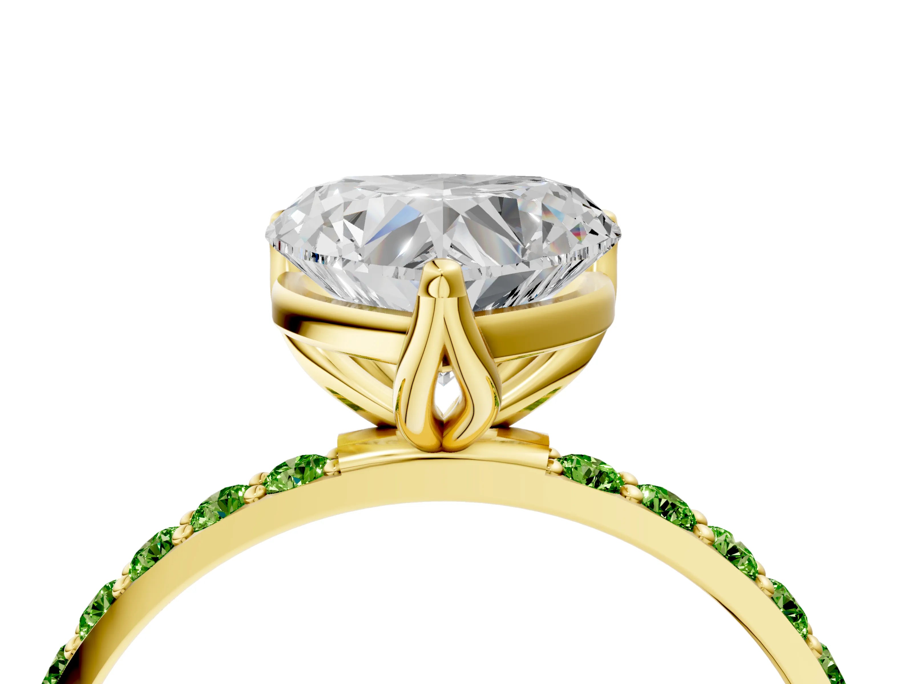 Yellow gold Heart Cut Diamond Solitaire Engagement Ring with Round with Peridot side stone Pavé Band and Prong Setting_4