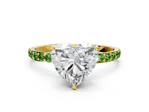 Yellow gold Heart Cut Diamond Solitaire Engagement Ring with Round with Peridot side stone Pavé Band and Prong Setting
