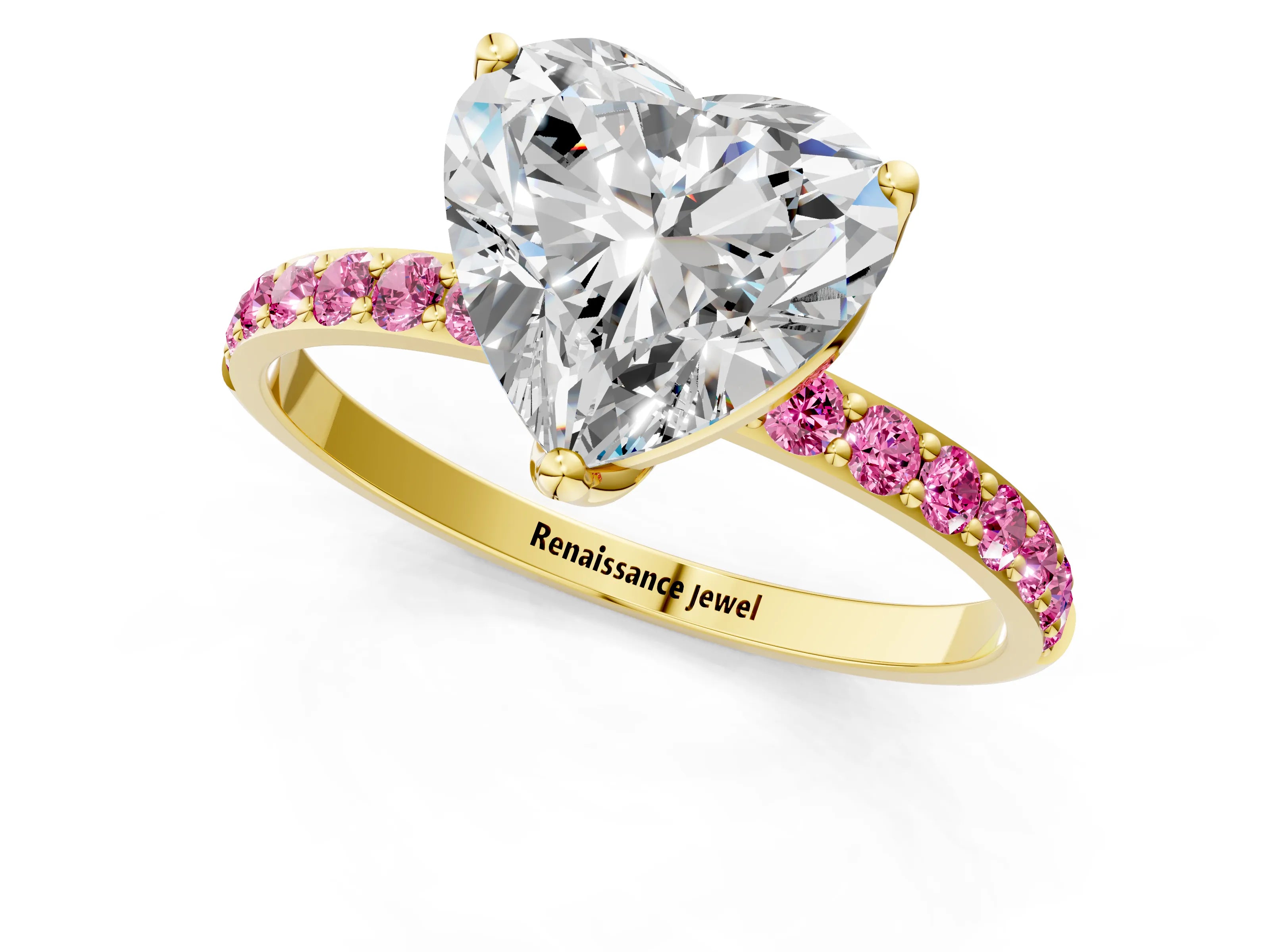 Yellow gold Heart Cut Diamond Solitaire Engagement Ring with Round with Pink Sapphire side stone Pavé Band and Prong Setting_1