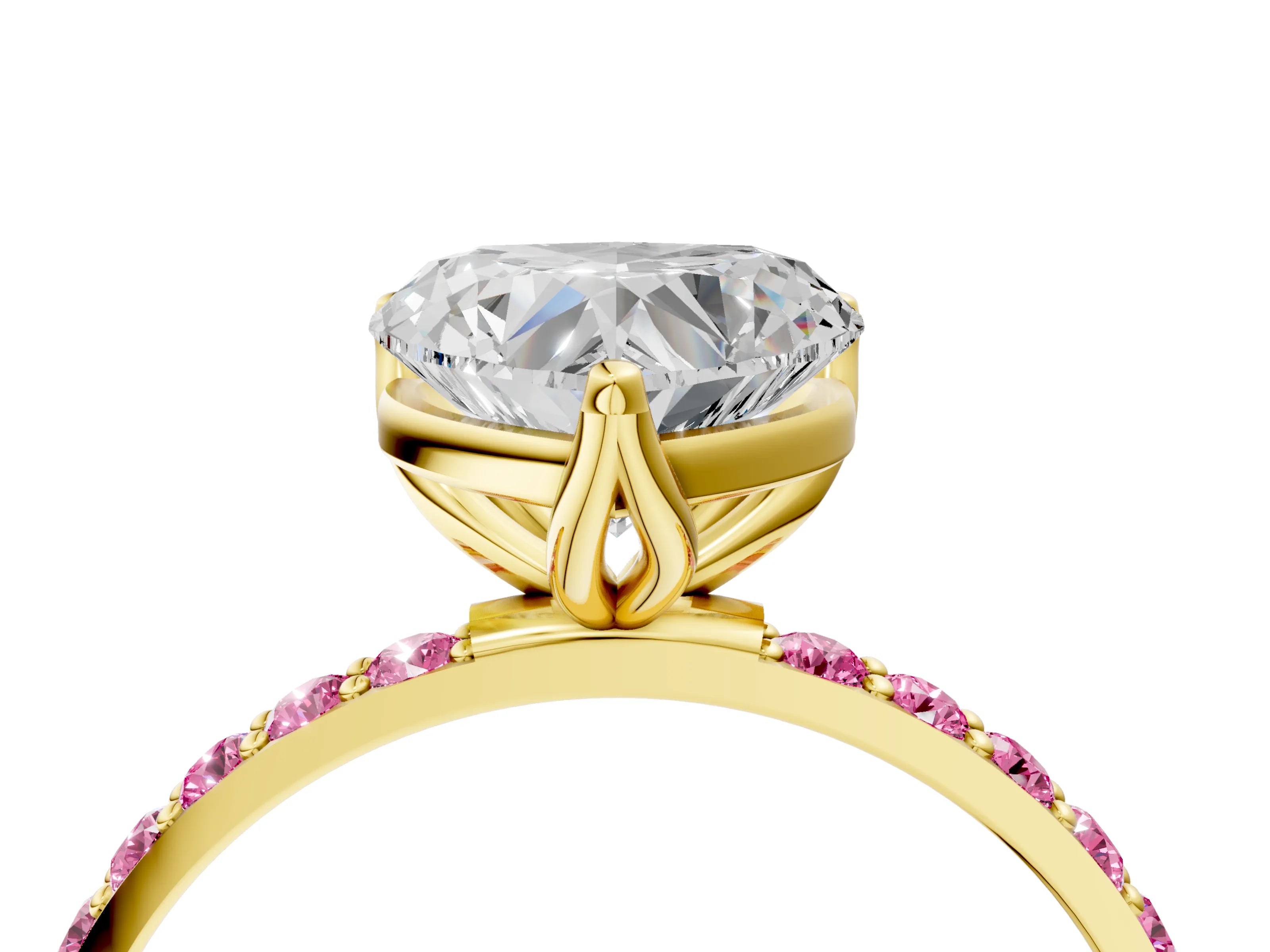 Yellow gold Heart Cut Diamond Solitaire Engagement Ring with Round with Pink Sapphire side stone Pavé Band and Prong Setting_4