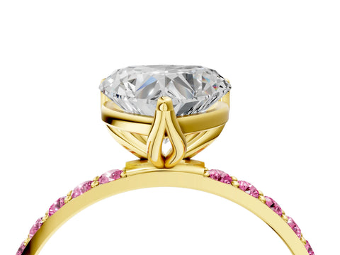 Yellow gold Heart Cut Diamond Solitaire Engagement Ring with Round with Pink Sapphire side stone Pavé Band and Prong Setting_4