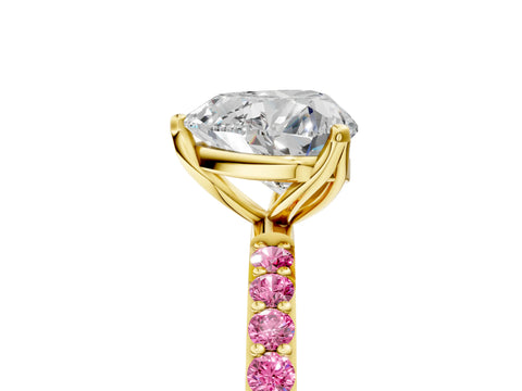 Yellow gold Heart Cut Diamond Solitaire Engagement Ring with Round with Pink Sapphire side stone Pavé Band and Prong Setting_5