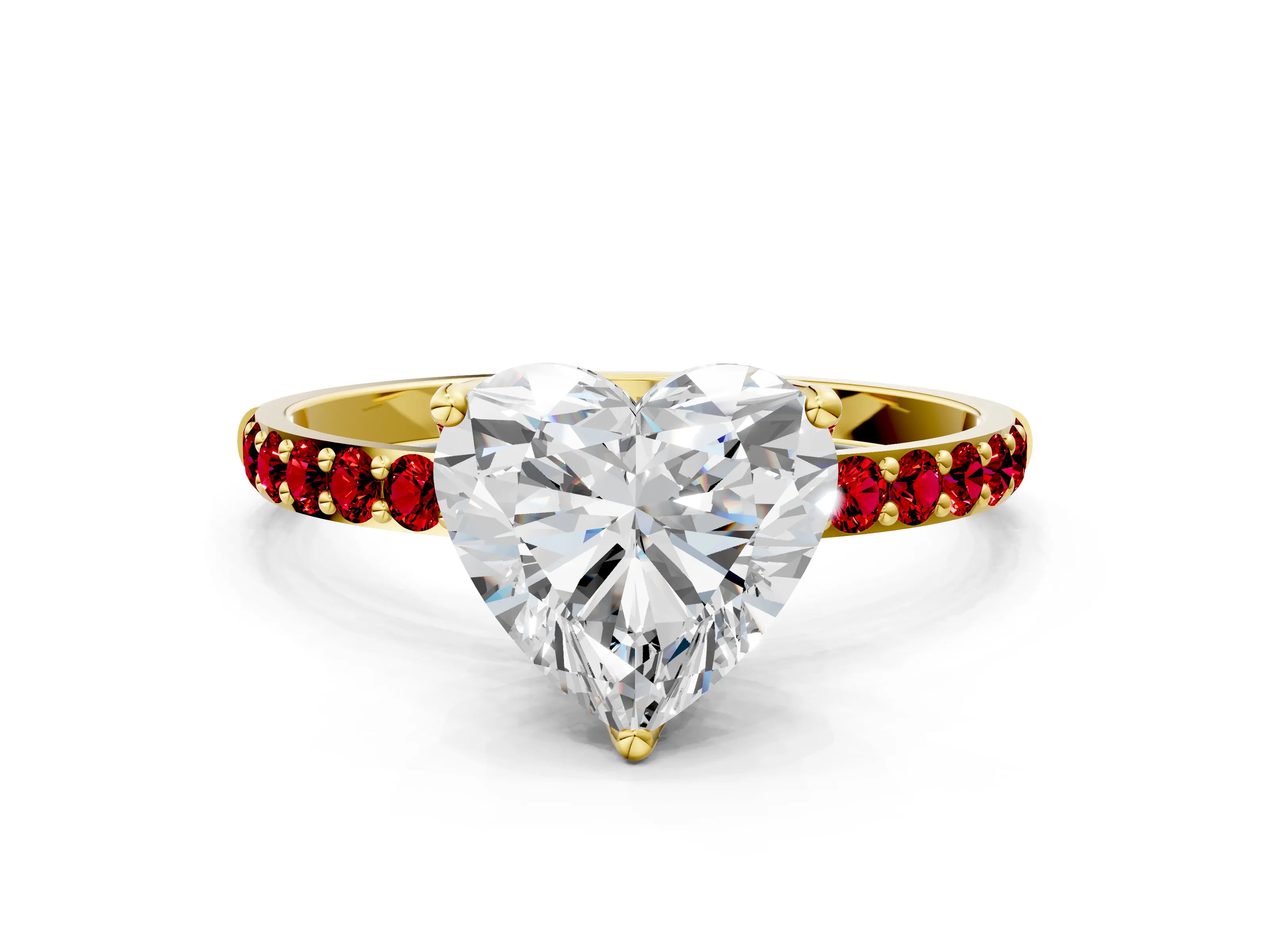 Yellow gold Heart Cut Diamond Solitaire Engagement Ring with Round with Ruby side stone Pavé Band and Prong Setting