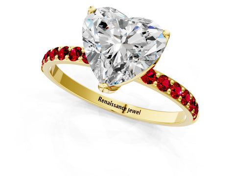 Yellow gold Heart Cut Diamond Solitaire Engagement Ring with Round with Ruby side stone Pavé Band and Prong Setting_1