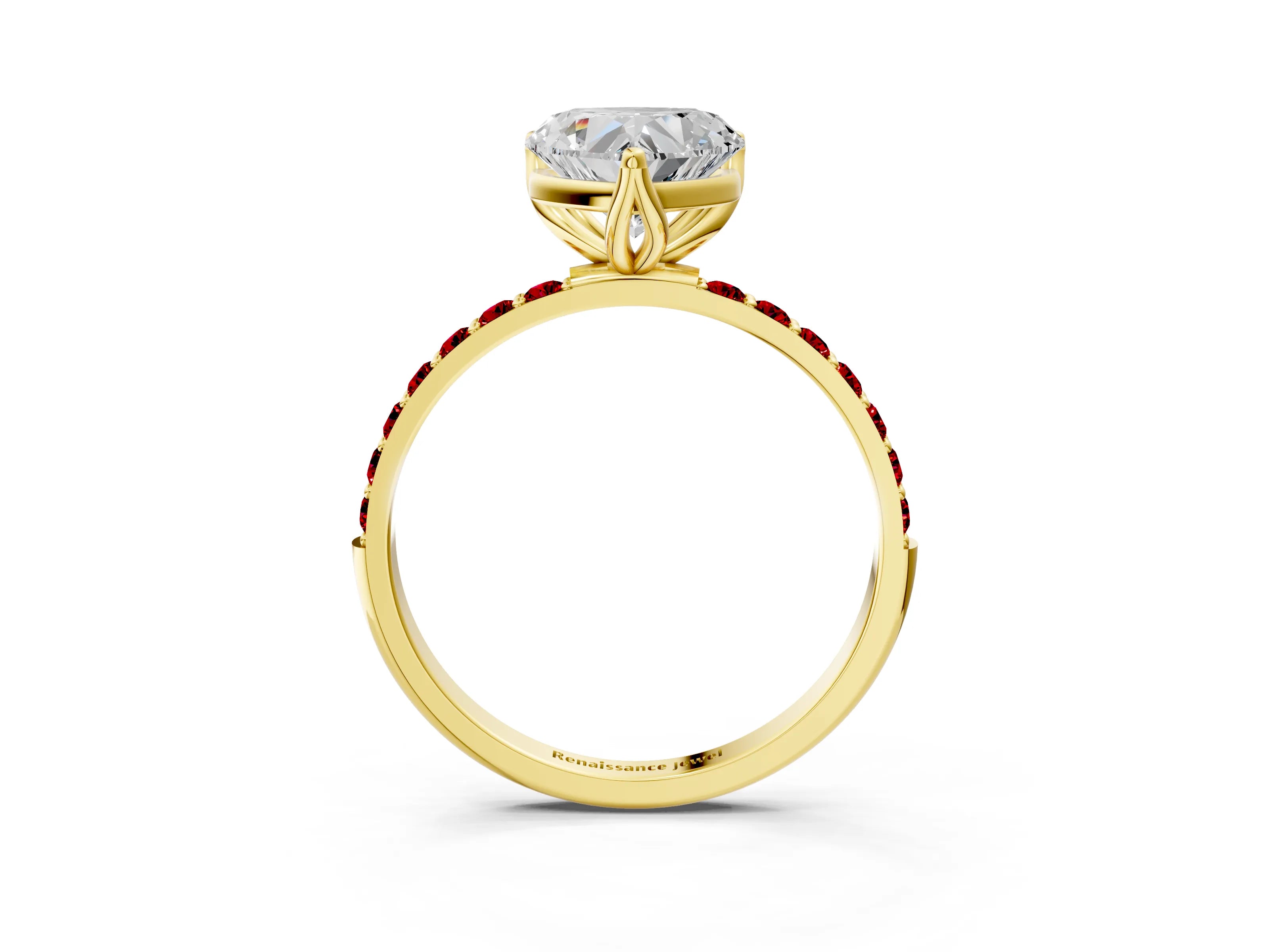 Yellow gold Heart Cut Diamond Solitaire Engagement Ring with Round with Ruby side stone Pavé Band and Prong Setting_3
