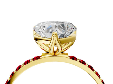 Yellow gold Heart Cut Diamond Solitaire Engagement Ring with Round with Ruby side stone Pavé Band and Prong Setting_4