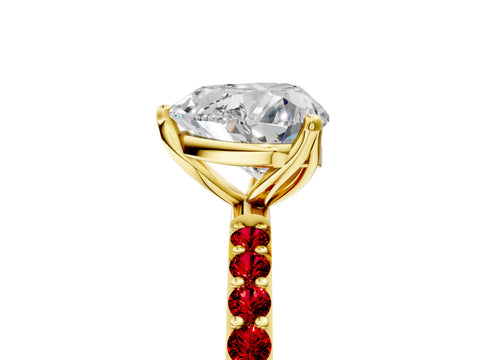 Yellow gold Heart Cut Diamond Solitaire Engagement Ring with Round with Ruby side stone Pavé Band and Prong Setting_5