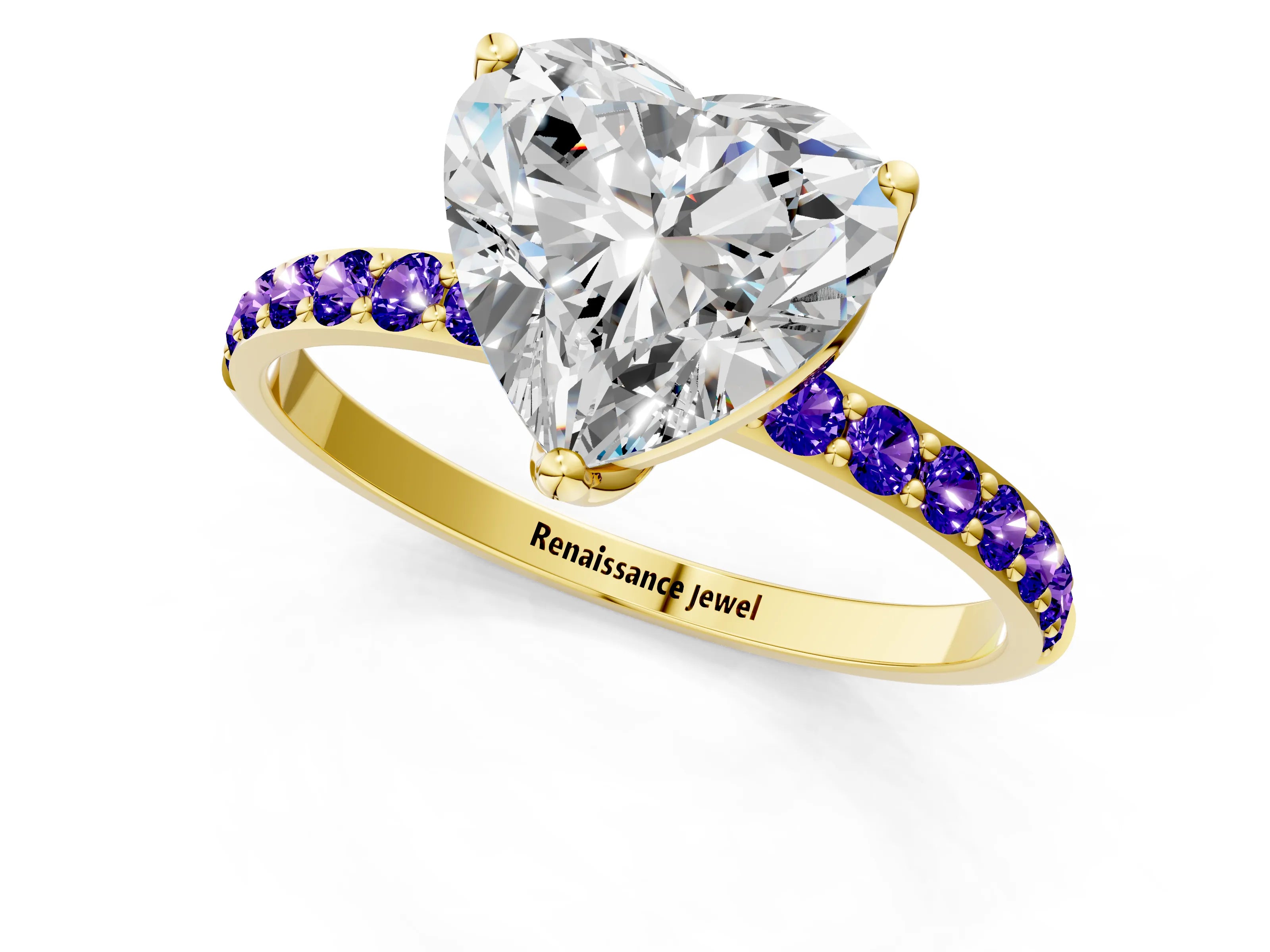 Yellow gold Heart Cut Diamond Solitaire Engagement Ring with Round with Tanzanite side stone Pavé Band and Prong Setting_1