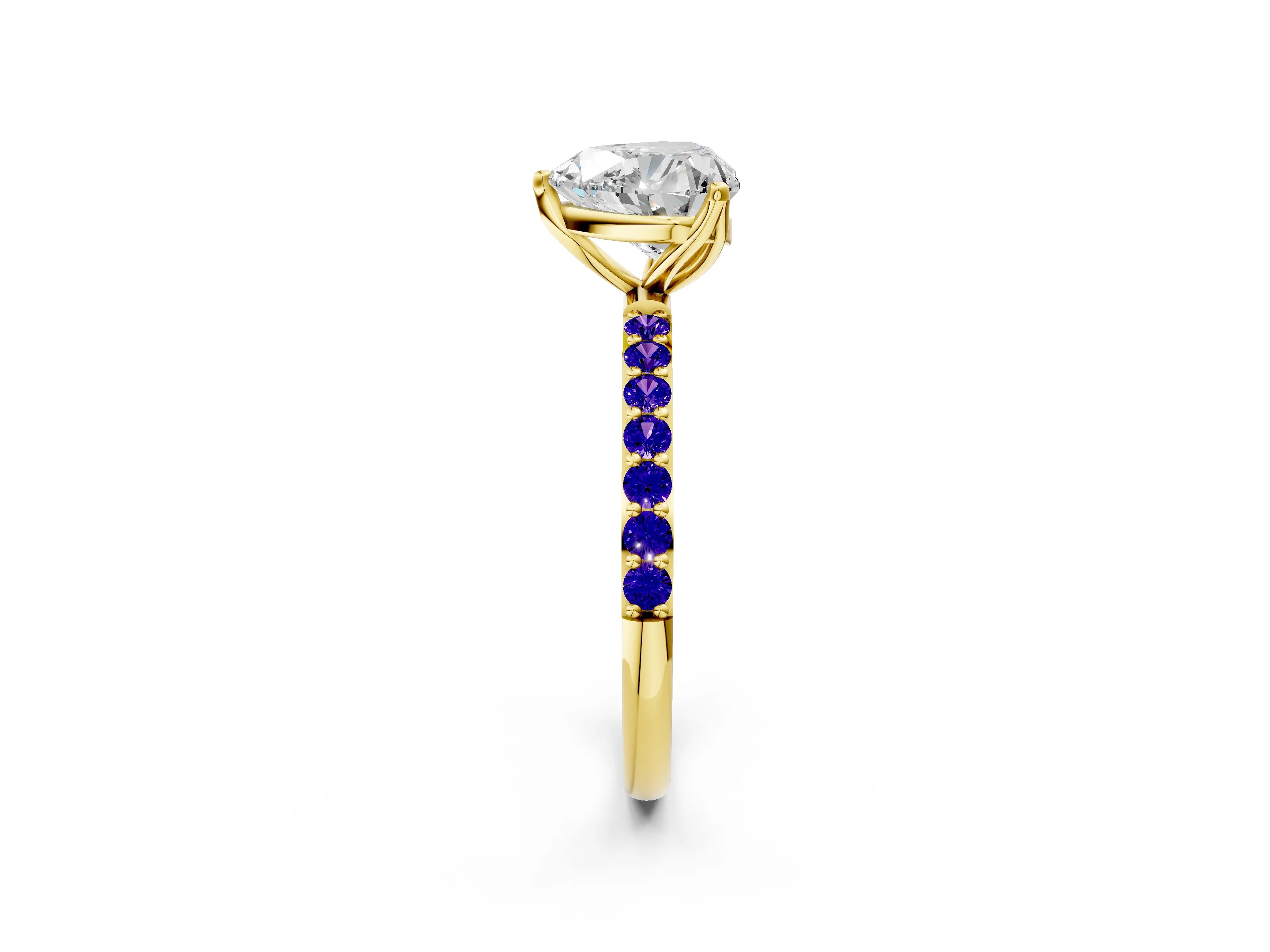 Yellow gold Heart Cut Diamond Solitaire Engagement Ring with Round with Tanzanite side stone Pavé Band and Prong Setting_2