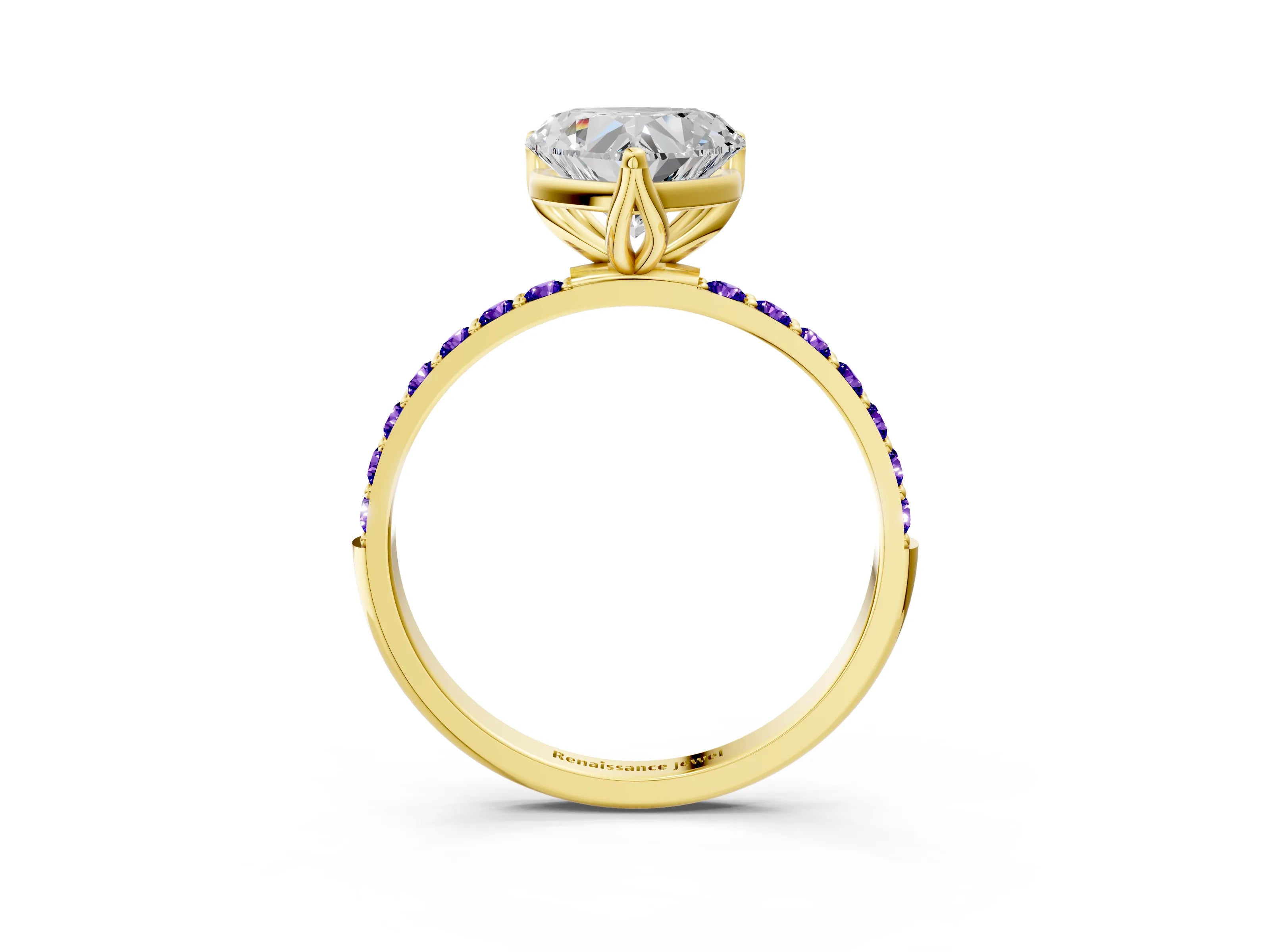 Yellow gold Heart Cut Diamond Solitaire Engagement Ring with Round with Tanzanite side stone Pavé Band and Prong Setting_3