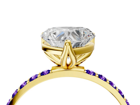 Yellow gold Heart Cut Diamond Solitaire Engagement Ring with Round with Tanzanite side stone Pavé Band and Prong Setting_4
