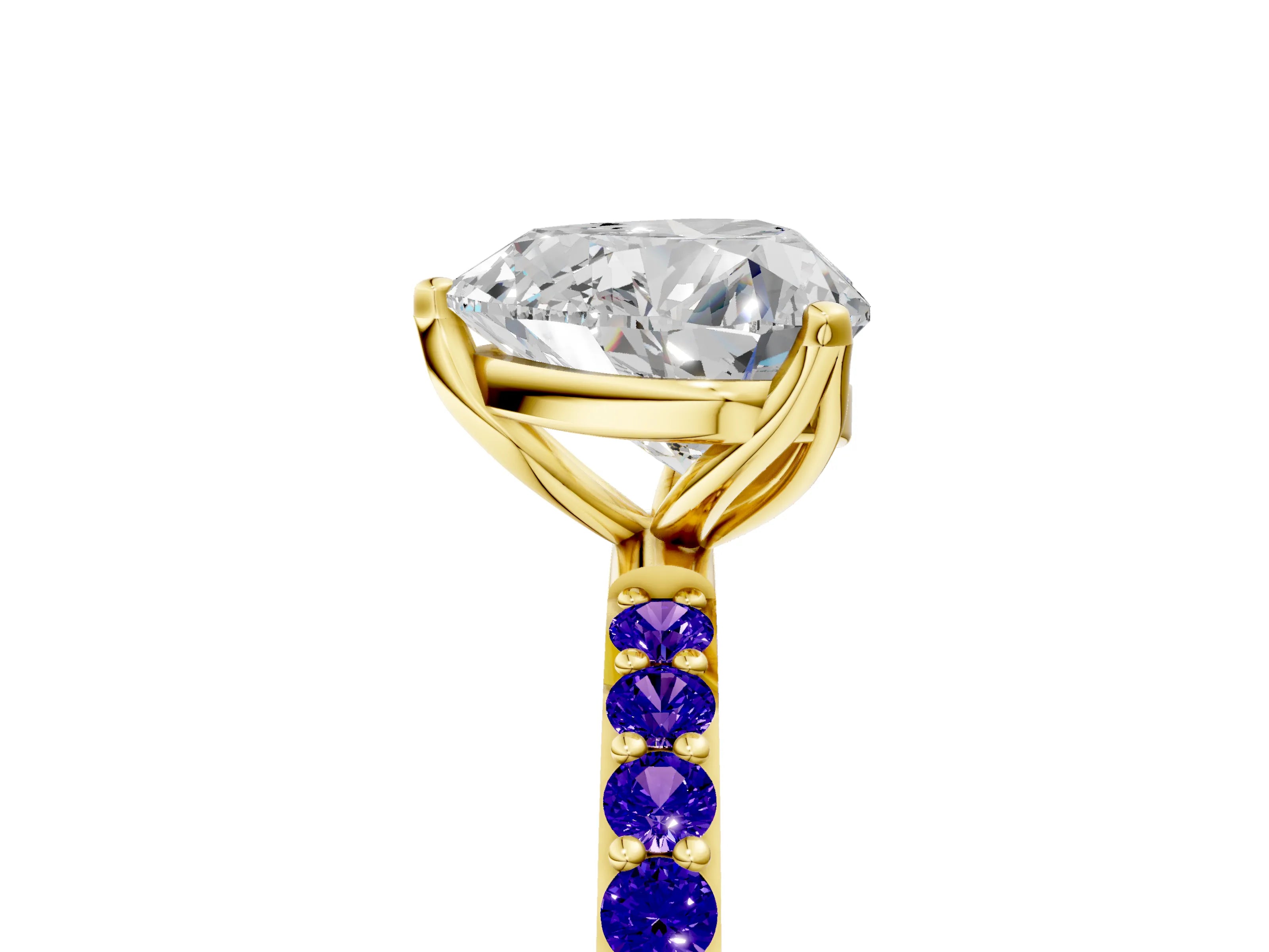 Yellow gold Heart Cut Diamond Solitaire Engagement Ring with Round with Tanzanite side stone Pavé Band and Prong Setting_5