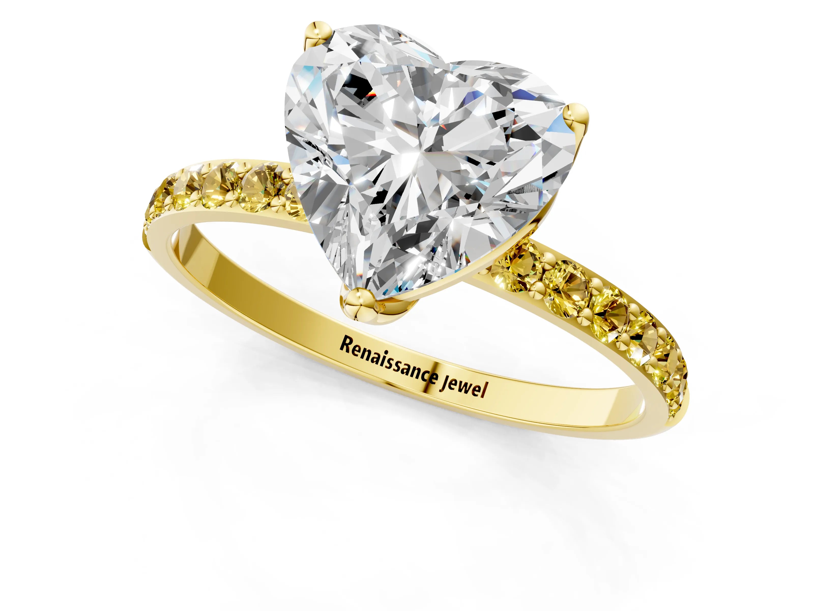Yellow gold Heart Cut Diamond Solitaire Engagement Ring with Round with Yellow Sapphire side stone Pavé Band and Prong Setting_1