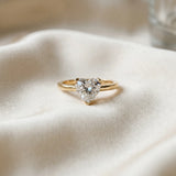 Yellow gold Heart Cut Diamond Solitaire Ring with Flower Prong Setting and Classic Band