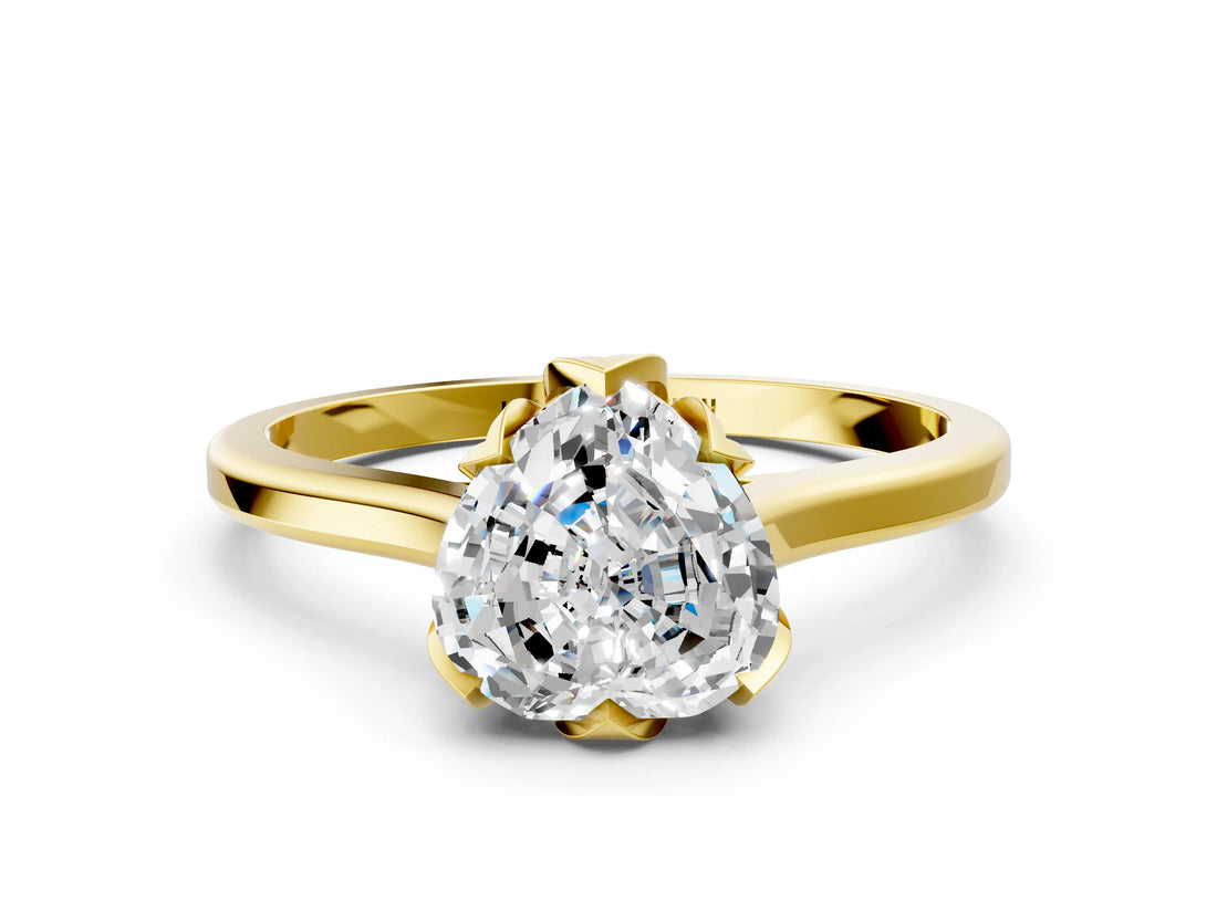 Yellow gold Heart Cut Diamond Solitaire Ring with Flower Prong Setting and Classic Band_44