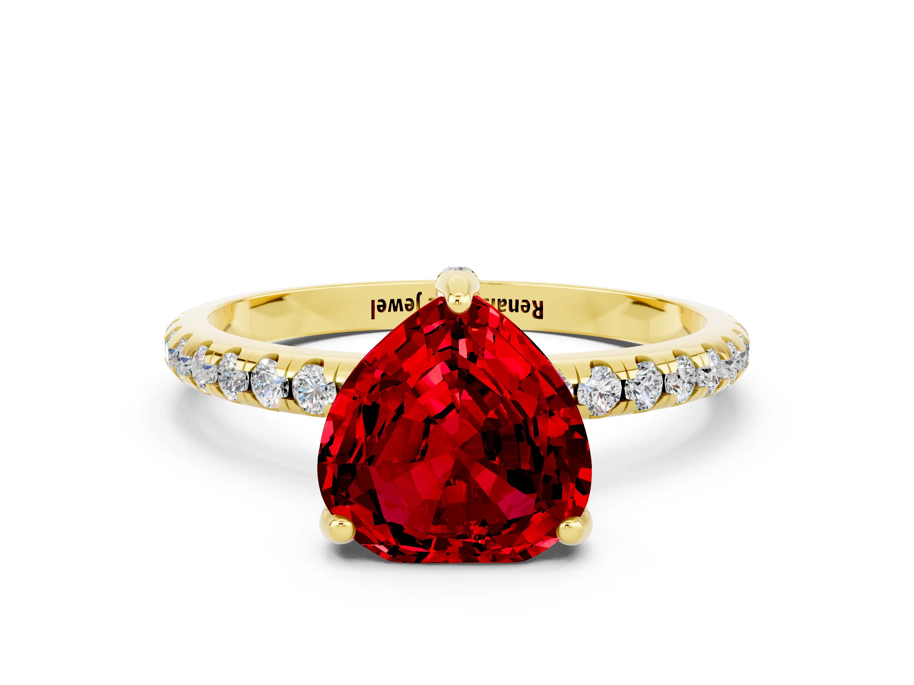 Yellow gold Heart Cut Diamond Solitaire Ring with Four-Prong Setting and Pavé Band