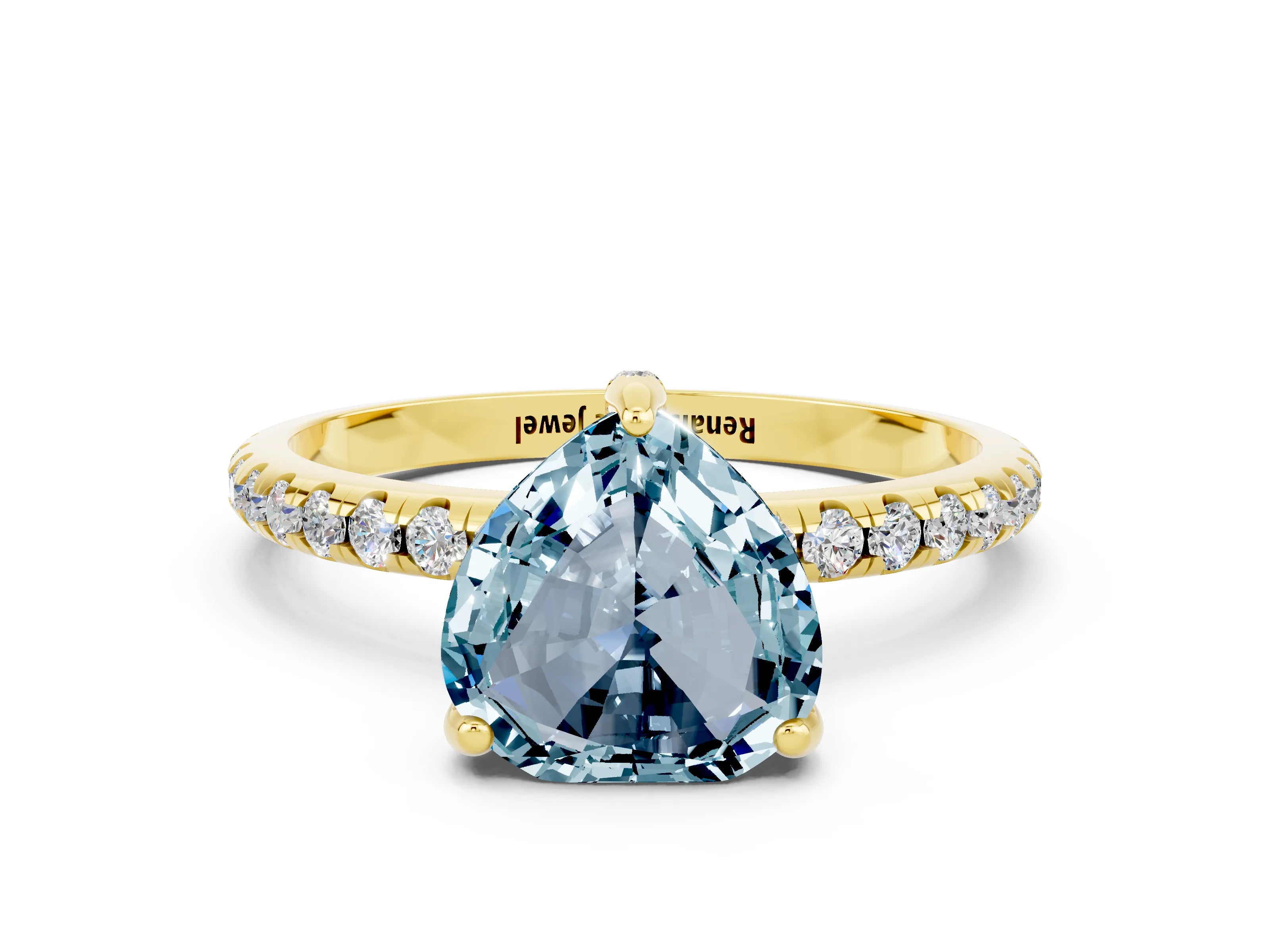 Yellow gold Heart Cut Diamond Solitaire Ring with Four-Prong Setting and Pavé Band