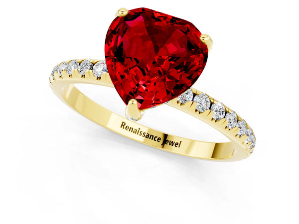 Yellow gold Heart Cut Diamond Solitaire Ring with Four-Prong Setting and Pavé Band