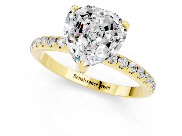 Yellow gold Heart Cut Moissanite Hidden Halo Engagement Ring with Round Pavé Band and Prong Setting