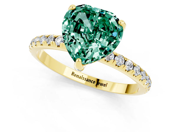 Yellow gold Heart Cut Green Sapphire Hidden Halo Engagement Ring with Round Pavé Band and Prong Setting