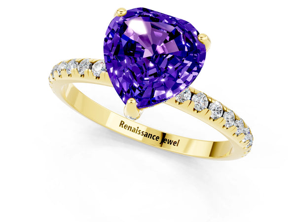 Yellow gold Heart Cut Tanzanite Hidden Halo Engagement Ring with Round Pavé Band and Prong Setting