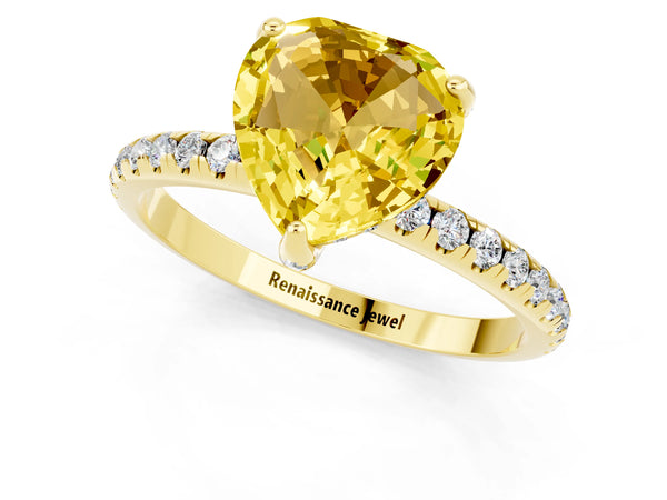 Yellow gold Heart Cut Yellow Sapphire Hidden Halo Engagement Ring with Round Pavé Band and Prong Setting