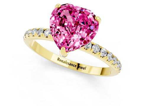 Yellow gold Heart Cut Diamond Solitaire Ring with Four-Prong Setting and Pavé Band_1
